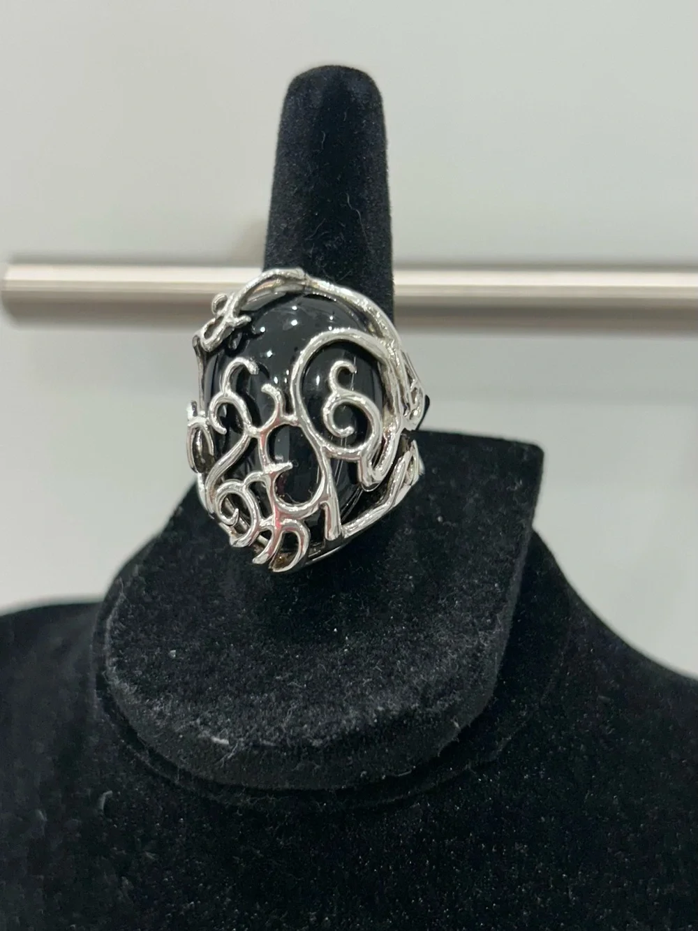 Barse Sterling Silver Filigree Ring with Black Onyx Cabochon